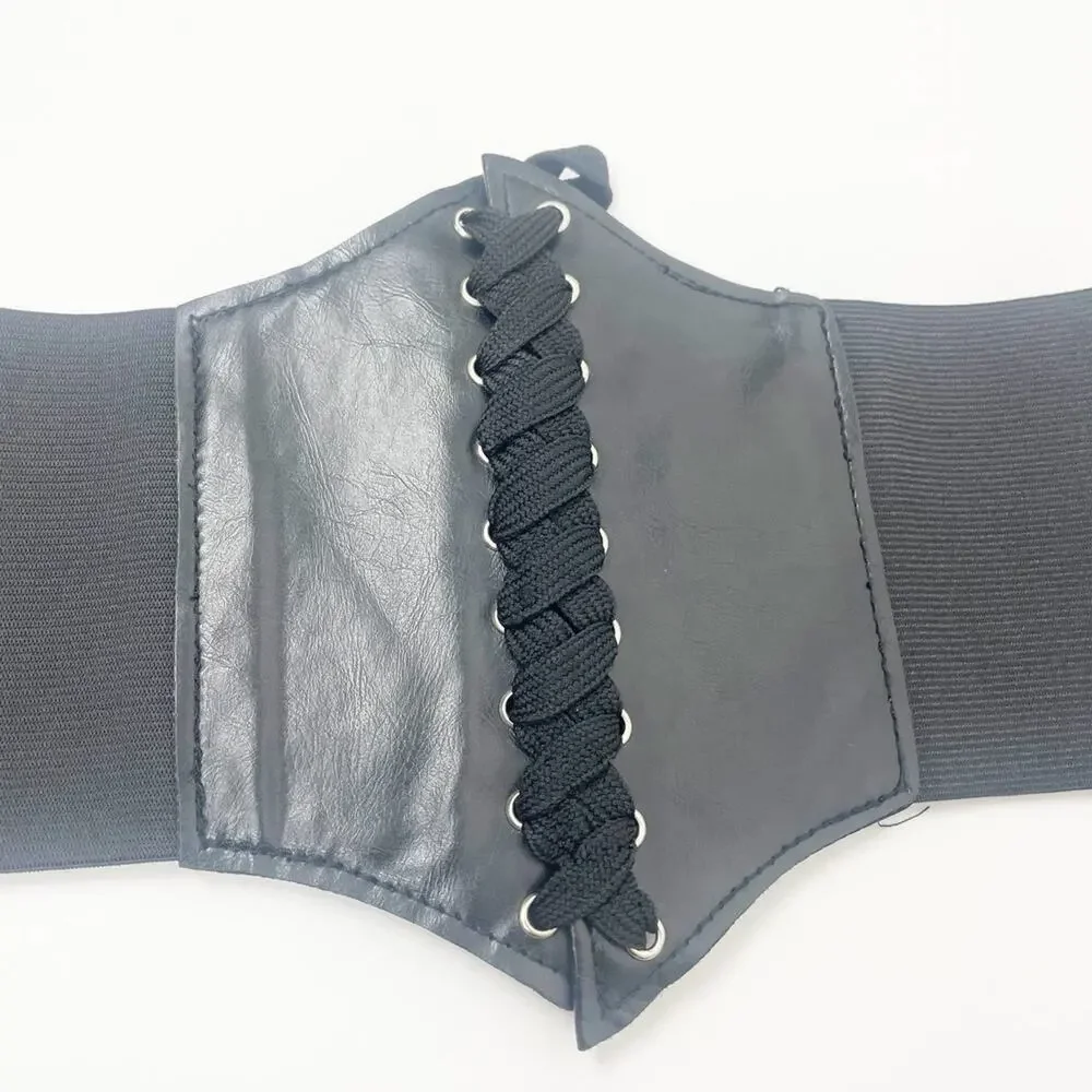 2/$30 NEW Faux Vegan Leather Lace Up Corset Belt Elastic Black (Up to Size L)